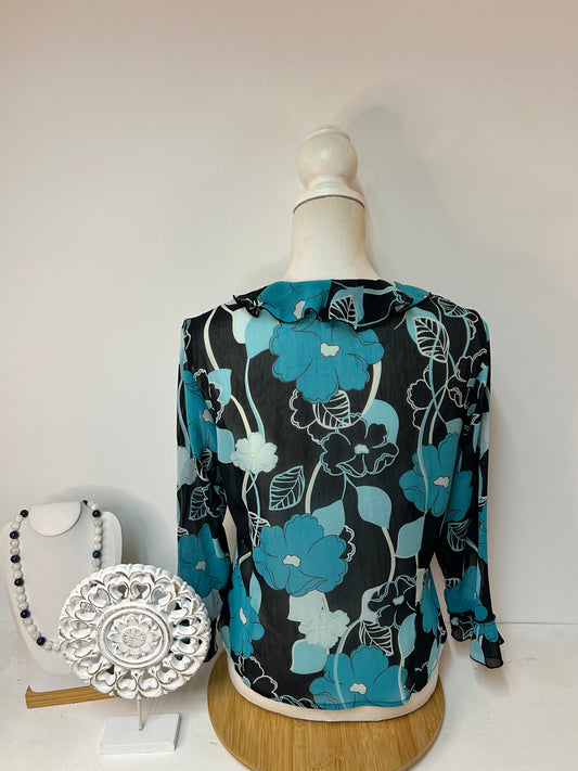 Leichte Damen-Bluse mit floralem Muster in Blautönen mit femininer Schleife - MEXX - Gr. M / 38