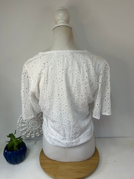 Kurzarm Bluse floral weiß mit Bündchen zum schnüren - Abercrombie & Fitch - Gr. M / 38