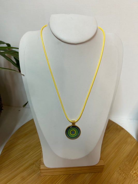 Cabochon Kette Mandala Grün,Blau, Türkis & Gelb Metallfassung - Schmuck - Handgemacht