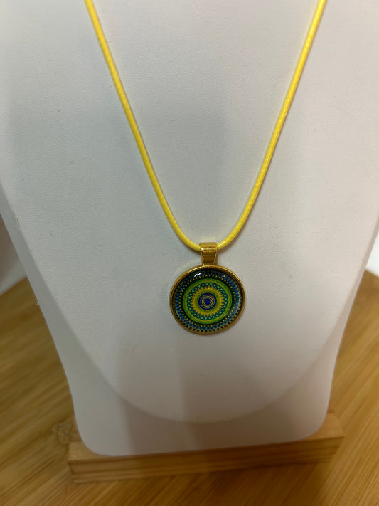 Cabochon Kette Mandala Grün,Blau, Türkis & Gelb Metallfassung - Schmuck - Handgemacht