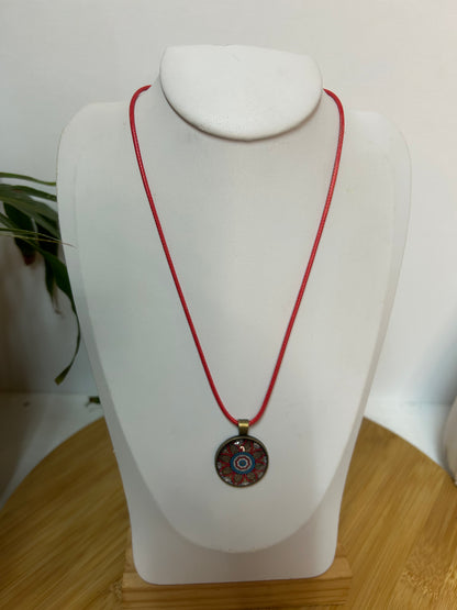 Cabochon Kette Mandala Rot & Türkis Metallfassung - Schmuck - Handgemacht