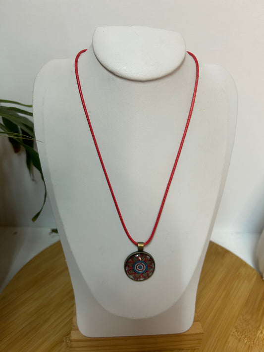 Cabochon Kette Mandala Rot & Türkis Metallfassung - Schmuck - Handgemacht