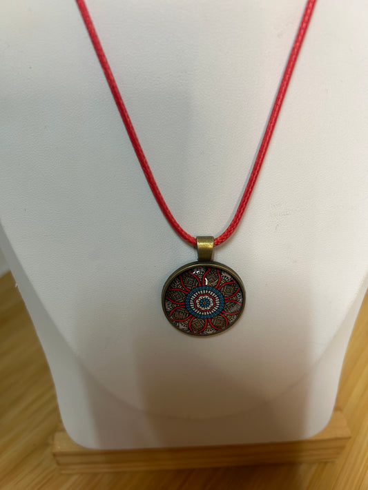 Cabochon Kette Mandala Rot & Türkis Metallfassung - Schmuck - Handgemacht