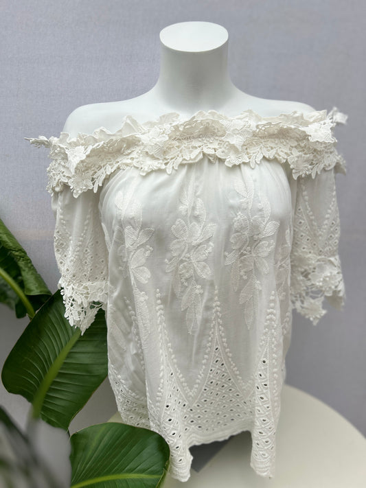 Off-Shoulder Bluse mit Spitzenbesatz - Cartoon - M