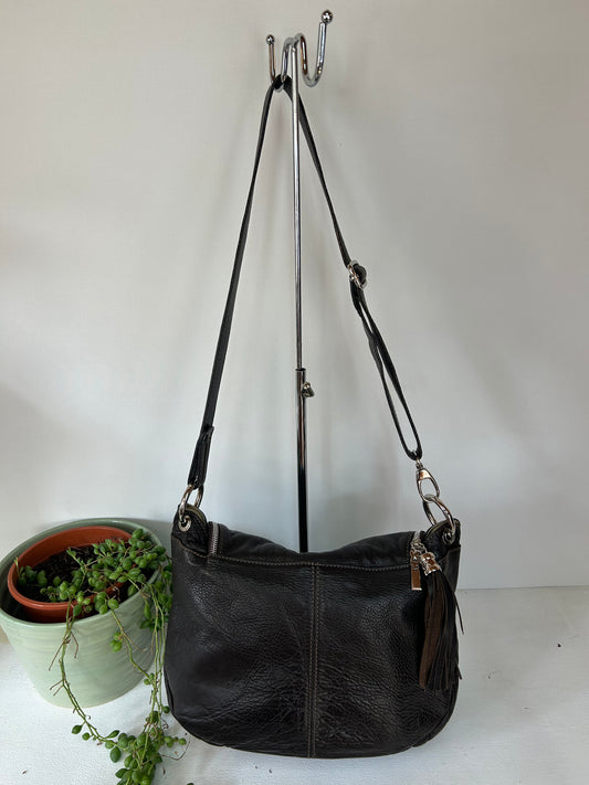 Dunkelbraune Echtleder Handtasche mit Quasten Detail - Accessoires