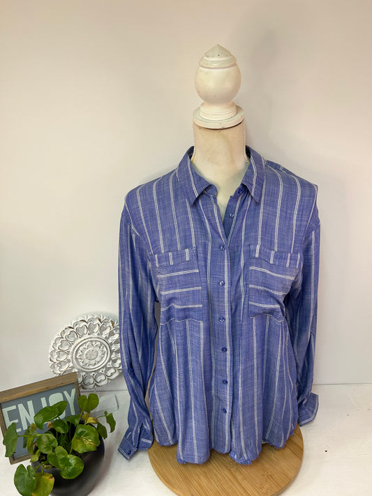 Blau - Weiß gestreifte Bluse mit Fransen - next - Gr. XL / 42