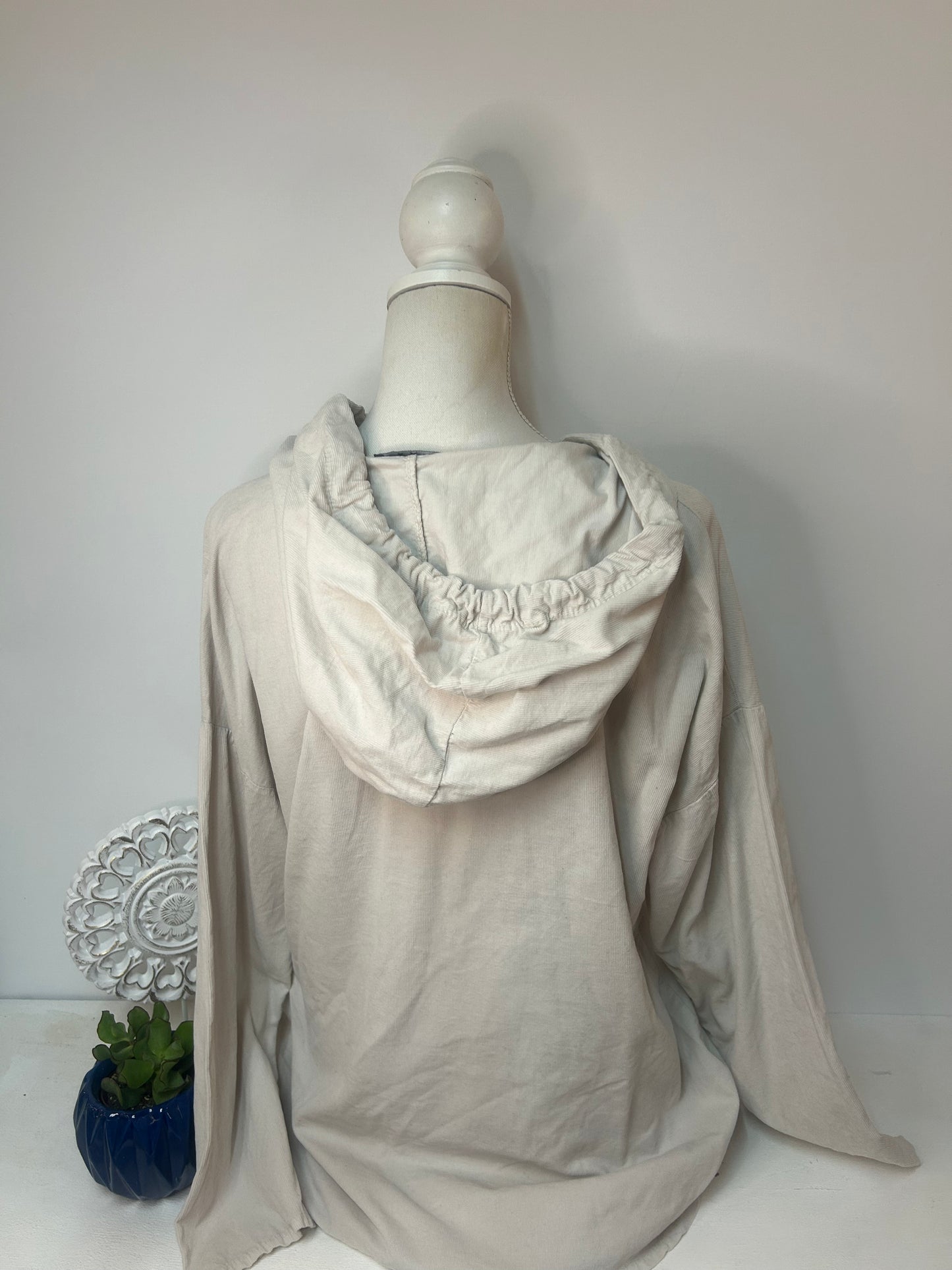Beige Damen Bluse mit Kapuze & Knopfleiste - Made in Italy - Gr. 42 / 44