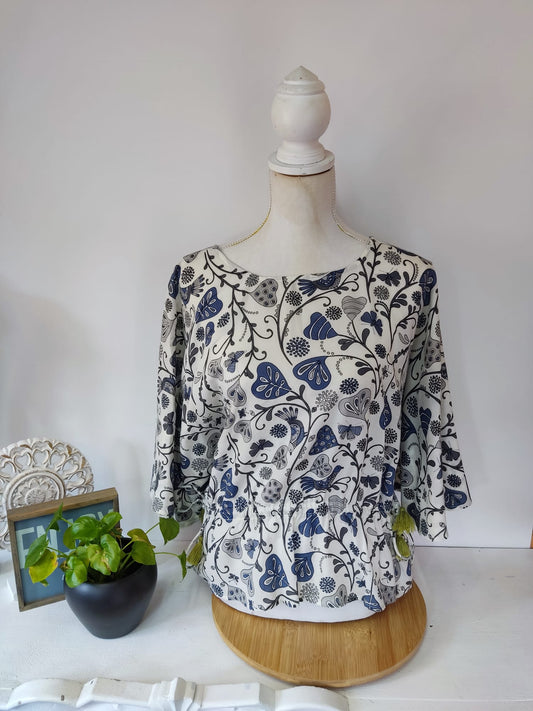 Bluse mit Vogelmuster aus 100% Baumwolle mit Ballonärmeln - Gudrun Sjörden - Gr. S/M - 36/38 - Designer