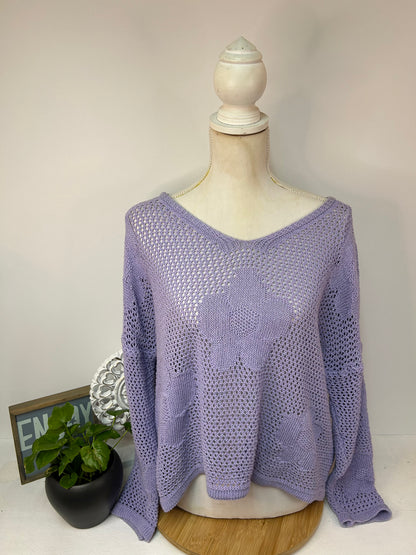 Häkel Pullover mit Blumen Flieder Farben - Made in Italy - Gr. XL / 42 / 44