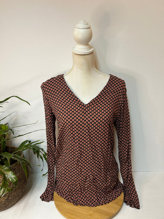 Damen Bluse locker – V-Ausschnitt, gemustert Blau / Rot - S.Oliver - Gr. S / 36