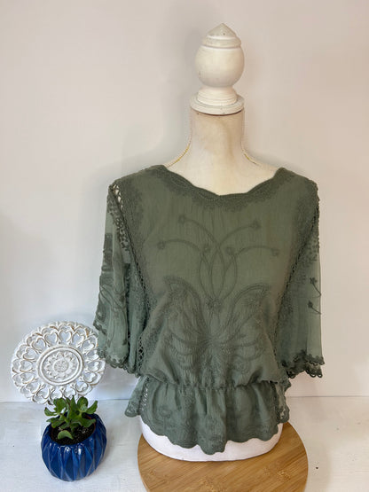 Damen Rüschenbluse mit Gummibund & Spitze - Gr. M / 38