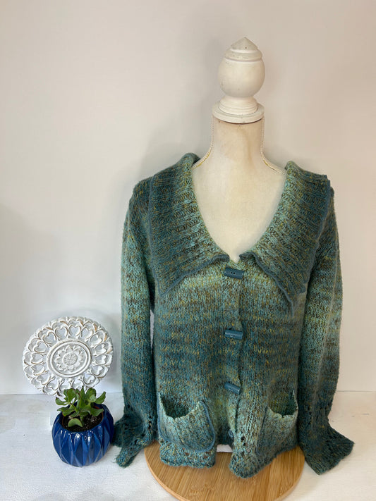 Vintage Damen Strickjacke in Grün mit V-Ausschnitt - CRISCA - Gr. XL / 42 - 44