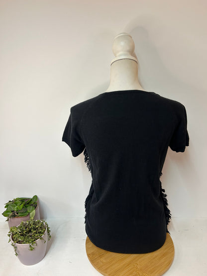 Schwarzes Damen-T-Shirt mit kurzen Ärmeln und Fransen-Details - Gr. XS / S