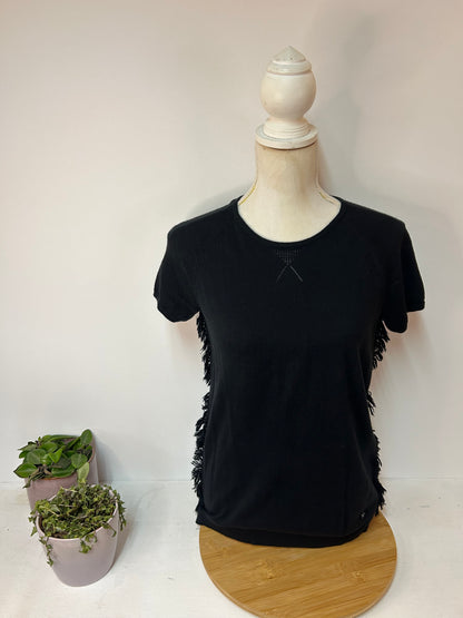 Schwarzes Damen-T-Shirt mit kurzen Ärmeln und Fransen-Details - Gr. XS / S