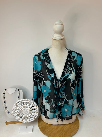 Leichte Damen-Bluse mit floralem Muster in Blautönen mit femininer Schleife - MEXX - Gr. M / 38